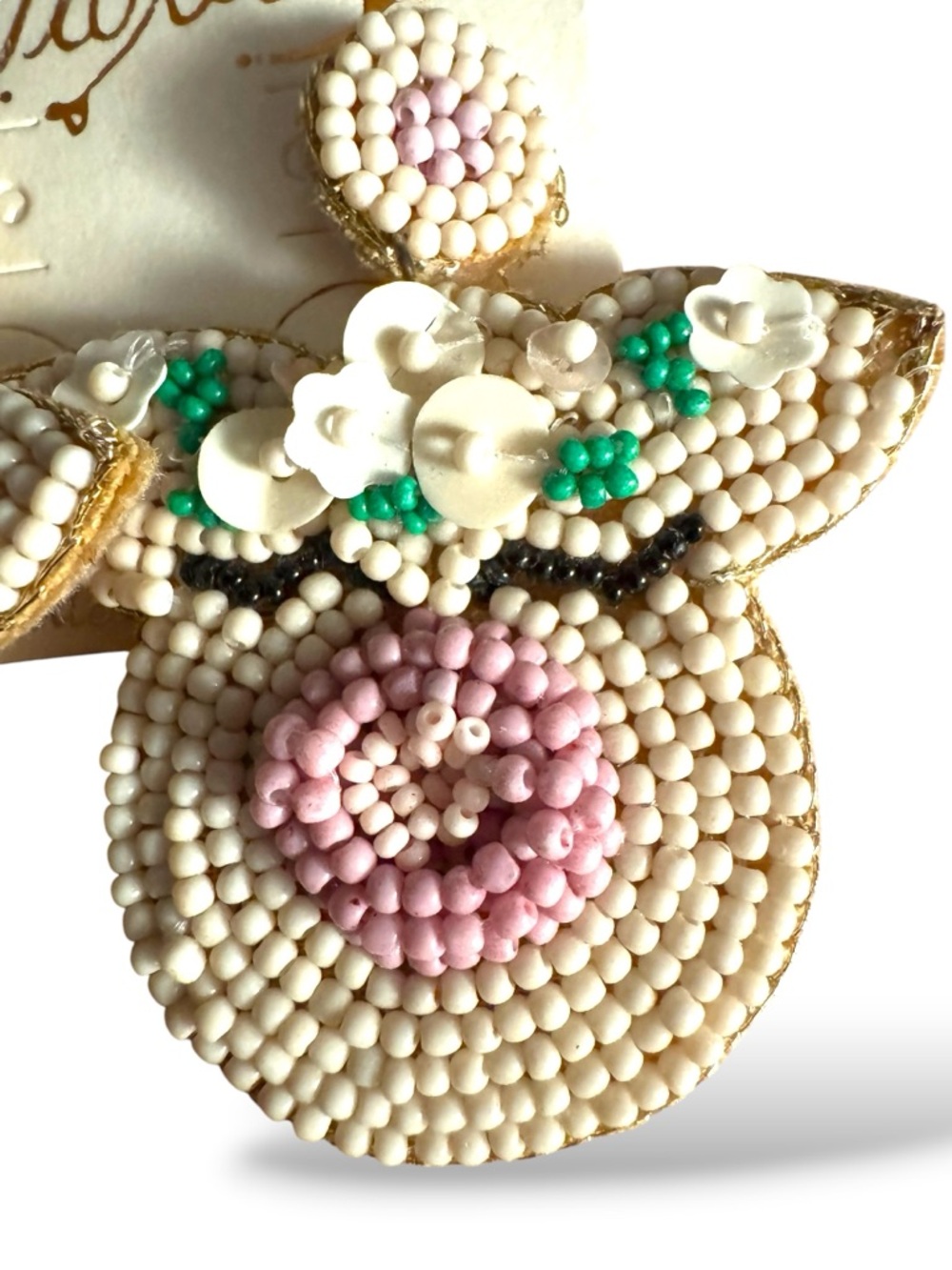 Viola Seed Bead Piggy Earrings w Flower Crown - Picture 3 of 5
